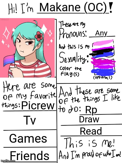 Lgbtq stream account profile | Makane (OC); Any; Picrew; Rp; Tv; Draw; Read; Games; Friends | image tagged in lgbtq stream account profile | made w/ Imgflip meme maker