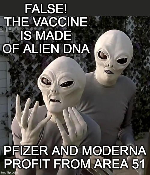 Aliens | FALSE! THE VACCINE IS MADE OF ALIEN DNA PFIZER AND MODERNA PROFIT FROM AREA 51 | image tagged in aliens | made w/ Imgflip meme maker