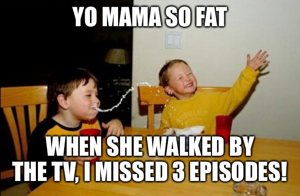 Yo Mamas So Fat Meme | YO MAMA SO FAT; WHEN SHE WALKED BY THE TV, I MISSED 3 EPISODES! | image tagged in memes,yo mamas so fat | made w/ Imgflip meme maker