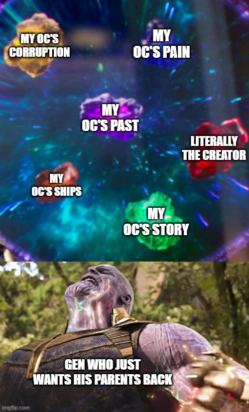 Thanos Infinity Stones | MY OC'S CORRUPTION; MY OC'S PAIN; MY OC'S PAST; LITERALLY THE CREATOR; MY OC'S SHIPS; MY OC'S STORY; GEN WHO JUST WANTS HIS PARENTS BACK | image tagged in thanos infinity stones | made w/ Imgflip meme maker