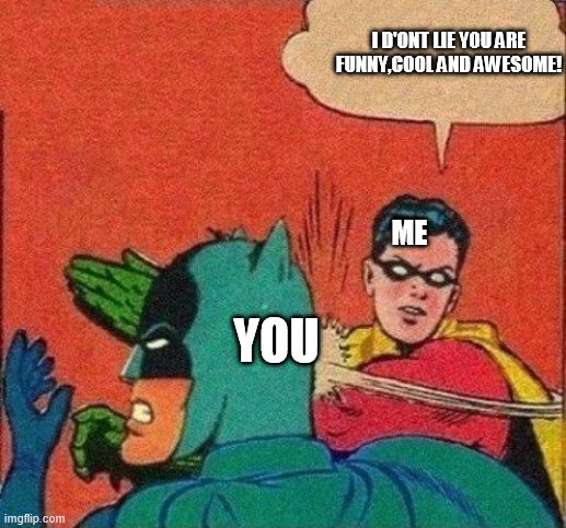 Robin Slaps Batman | I D'ONT LIE YOU ARE FUNNY,COOL AND AWESOME! ME; YOU | image tagged in robin slaps batman | made w/ Imgflip meme maker