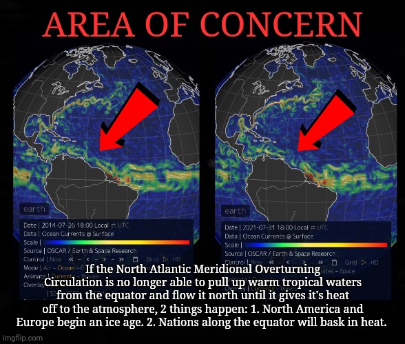 Here Comes Santa Clause | AREA OF CONCERN; If the North Atlantic Meridional Overturning Circulation is no longer able to pull up warm tropical waters from the equator and flow it north until it gives it's heat off to the atmosphere, 2 things happen: 1. North America and Europe begin an ice age. 2. Nations along the equator will bask in heat. | image tagged in santa claus,justjeff,ice age,global warming | made w/ Imgflip meme maker