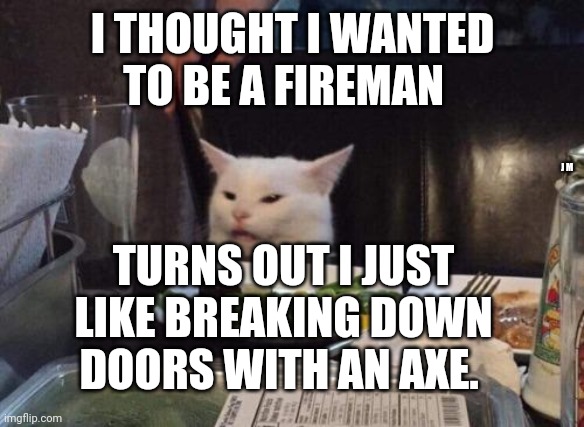 Salad cat | I THOUGHT I WANTED TO BE A FIREMAN; J M; TURNS OUT I JUST LIKE BREAKING DOWN DOORS WITH AN AXE. | image tagged in salad cat | made w/ Imgflip meme maker