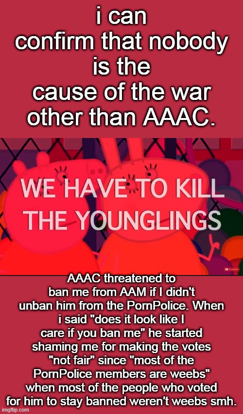 we have to kill the younglings | i can confirm that nobody is the cause of the war other than AAAC. AAAC threatened to ban me from AAM if I didn't unban him from the PornPolice. When i said "does it look like I care if you ban me" he started shaming me for making the votes "not fair" since "most of the PornPolice members are weebs" when most of the people who voted for him to stay banned weren't weebs smh. | image tagged in we have to kill the younglings | made w/ Imgflip meme maker