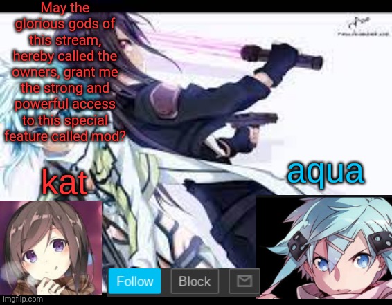fem kirito | May the glorious gods of this stream, hereby called the owners, grant me the strong and powerful access to this special feature called mod? | image tagged in fem kirito | made w/ Imgflip meme maker
