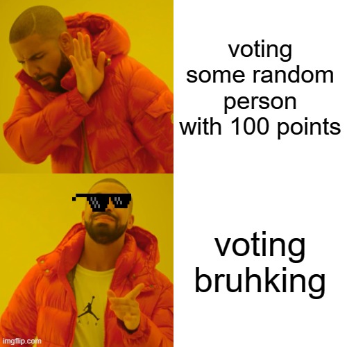 Drake Hotline Bling | voting some random person with 100 points; voting bruhking | image tagged in memes,drake hotline bling | made w/ Imgflip meme maker