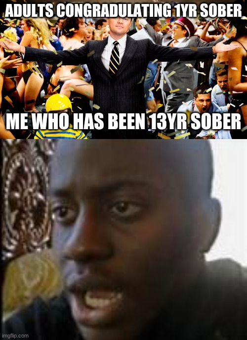 ADULTS CONGRADULATING 1YR SOBER; ME WHO HAS BEEN 13YR SOBER | image tagged in wolf party,dissappointed black guy | made w/ Imgflip meme maker