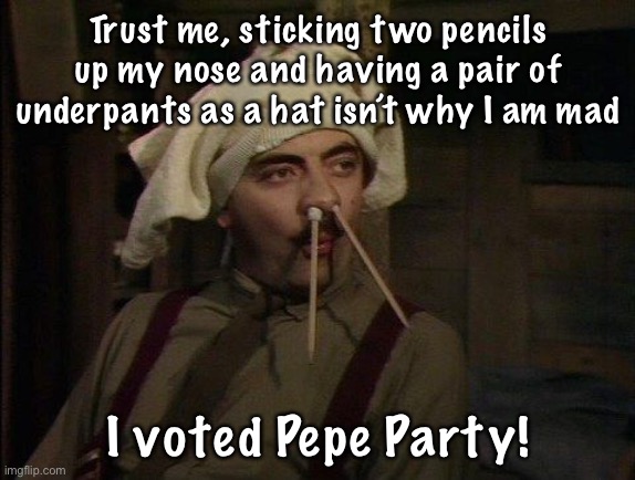 Make the Right Choice and Vote The Right Unity Party! | Trust me, sticking two pencils up my nose and having a pair of underpants as a hat isn’t why I am mad; I voted Pepe Party! | image tagged in blackadder_pencils | made w/ Imgflip meme maker