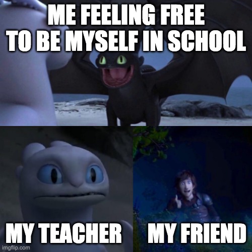 Toothless thumbs up | ME FEELING FREE TO BE MYSELF IN SCHOOL; MY TEACHER      MY FRIEND | image tagged in toothless thumbs up | made w/ Imgflip meme maker