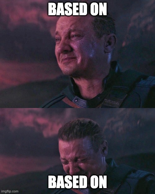 Based? Based on what? | BASED ON; BASED ON | image tagged in hawkeye crying | made w/ Imgflip meme maker