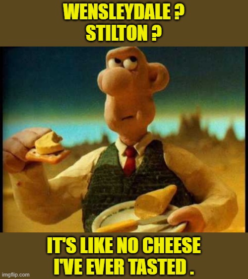 Wallace and Gromit visit the moon in "A Grand Day Out". It aired on BBC 4 on Christmas Eve 1990 after six years in production. | WENSLEYDALE ?
STILTON ? IT'S LIKE NO CHEESE
I'VE EVER TASTED . | image tagged in wallace and gromit,television,1990's,moon,cheese,animation | made w/ Imgflip meme maker