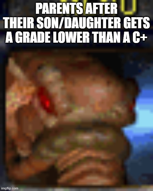starcraft overlord | PARENTS AFTER THEIR SON/DAUGHTER GETS A GRADE LOWER THAN A C+ | image tagged in starcraft overlord | made w/ Imgflip meme maker