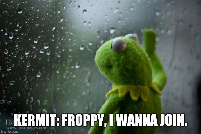 kermit window | KERMIT: FROPPY, I WANNA JOIN. | image tagged in kermit window | made w/ Imgflip meme maker