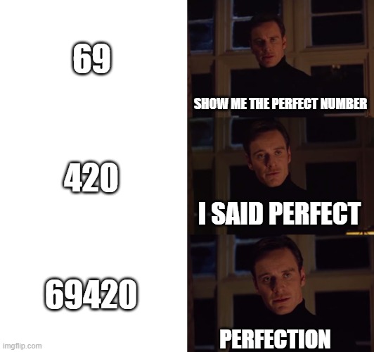 The perfect number | 69; SHOW ME THE PERFECT NUMBER; 420; I SAID PERFECT; 69420; PERFECTION | image tagged in perfection | made w/ Imgflip meme maker