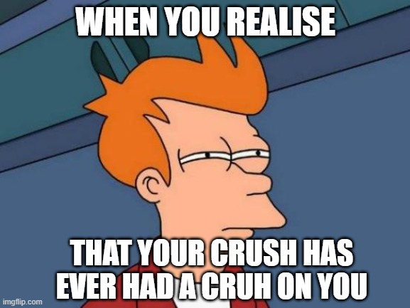 Realise that your crush has ever had a crush on you | WHEN YOU REALISE; THAT YOUR CRUSH HAS EVER HAD A CRUH ON YOU | image tagged in memes,futurama fry | made w/ Imgflip meme maker