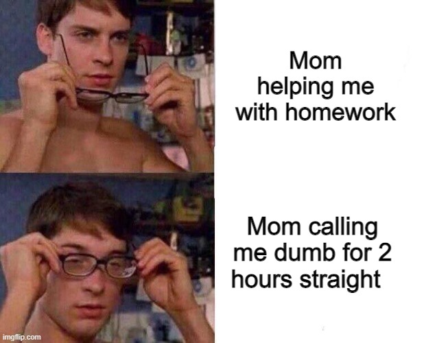 Spiderman Glasses | Mom helping me with homework; Mom calling me dumb for 2 hours straight | image tagged in spiderman glasses | made w/ Imgflip meme maker