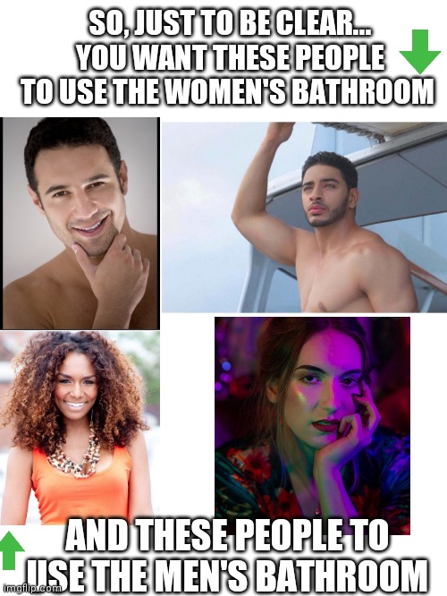 Blank White Template | SO, JUST TO BE CLEAR...
YOU WANT THESE PEOPLE TO USE THE WOMEN'S BATHROOM AND THESE PEOPLE TO USE THE MEN'S BATHROOM | image tagged in blank white template | made w/ Imgflip meme maker