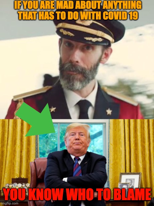 IF YOU ARE MAD ABOUT ANYTHING THAT HAS TO DO WITH COVID 19; YOU KNOW WHO TO BLAME | image tagged in captain obvious,trump covid | made w/ Imgflip meme maker