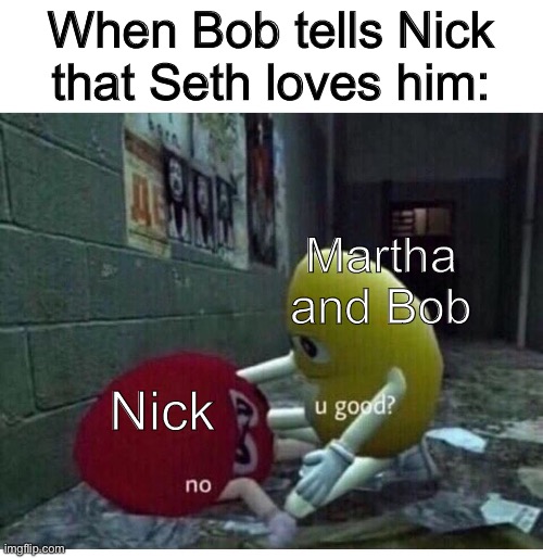 The Extraordinaries | When Bob tells Nick that Seth loves him:; Martha and Bob; Nick | image tagged in u good no | made w/ Imgflip meme maker
