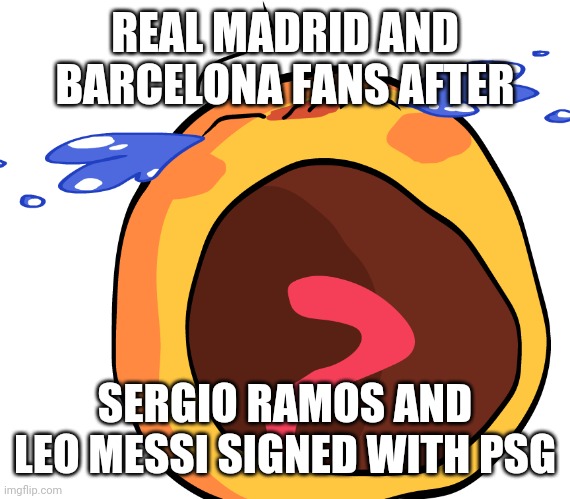 bruhhhh | REAL MADRID AND BARCELONA FANS AFTER; SERGIO RAMOS AND LEO MESSI SIGNED WITH PSG | image tagged in cursed crying emoji,real madrid,barcelona,messi,ramos,psg | made w/ Imgflip meme maker