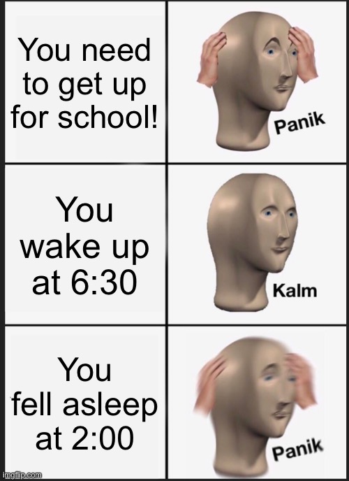 Based on live events | You need to get up for school! You wake up at 6:30; You fell asleep at 2:00 | image tagged in memes,panik kalm panik,sleep | made w/ Imgflip meme maker