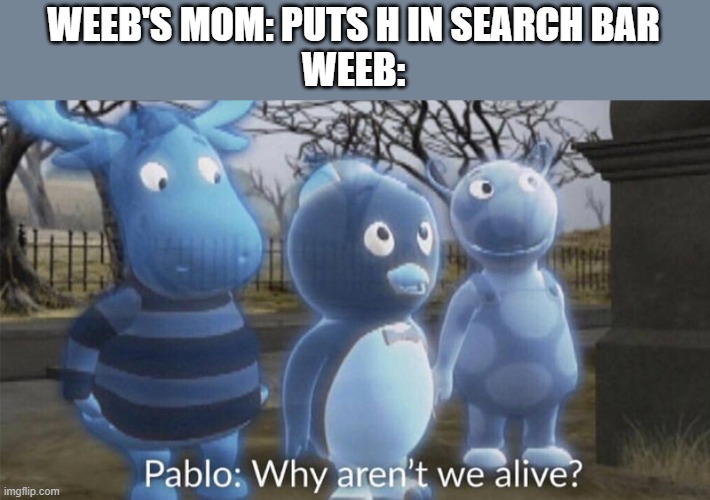 hentai sucks anyways | WEEB'S MOM: PUTS H IN SEARCH BAR
WEEB: | image tagged in pablo why aren't we alive | made w/ Imgflip meme maker