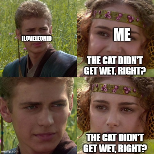 Anakin Padme 4 Panel | ILOVELEONID THE CAT DIDN'T GET WET, RIGHT? THE CAT DIDN'T GET WET, RIGHT? ME | image tagged in anakin padme 4 panel | made w/ Imgflip meme maker