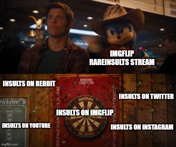 For a rareinsults imgflip stream, you'd think there would actually be rareinsults FROM imgflip | IMGFLIP RAREINSULTS STREAM; INSULTS ON REDDIT; INSULTS ON TWITTER; INSULTS ON IMGFLIP; INSULTS ON YOUTUBE; INSULTS ON INSTAGRAM | image tagged in sonic misses dart board | made w/ Imgflip meme maker