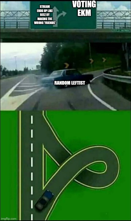 Make the Right Choice! Vote RUP! | VOTING EKM; STREAM ENDS UP LIKE BEEZ BY MAKING THE WRONG 'FRIENDS'; RANDOM LEFTIST | image tagged in left exit 12 loop | made w/ Imgflip meme maker