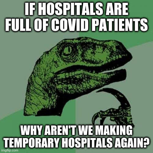 Philosoraptor |  IF HOSPITALS ARE FULL OF COVID PATIENTS; WHY AREN'T WE MAKING TEMPORARY HOSPITALS AGAIN? | image tagged in memes,philosoraptor | made w/ Imgflip meme maker