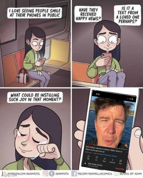 Rick is on a Roll | image tagged in smiling at phone,rick astley,rick roll,phone,youtube,memes | made w/ Imgflip meme maker