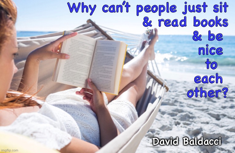 Why Not? | Why can’t people just sit 
& read books 
& be  
nice  
to   
each  
other? David Baldacci | image tagged in hammock,reading,try it you might like it,read a book,peace and tranquility,learn something while you find yourself | made w/ Imgflip meme maker