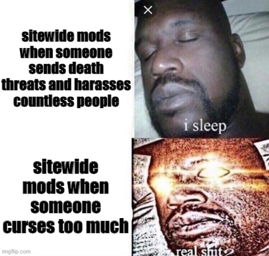 i sleep real shit | sitewide mods when someone sends death threats and harasses countless people; sitewide mods when someone curses too much | image tagged in i sleep real shit | made w/ Imgflip meme maker