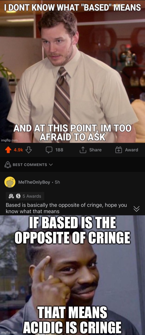 IF BASED IS THE OPPOSITE OF CRINGE; THAT MEANS ACIDIC IS CRINGE | image tagged in black guy pointing at head | made w/ Imgflip meme maker