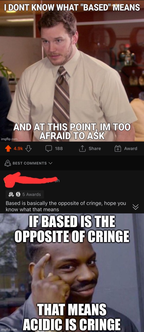 This was funnier in my head | IF BASED IS THE OPPOSITE OF CRINGE; THAT MEANS ACIDIC IS CRINGE | image tagged in black guy pointing at head | made w/ Imgflip meme maker