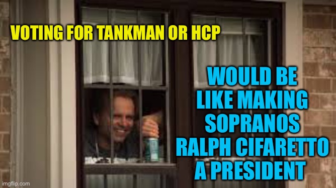 If you’ve watched sopranos, you would understand this treat. Vote Pepe party aug29th-30 | WOULD BE LIKE MAKING SOPRANOS RALPH CIFARETTO A PRESIDENT; VOTING FOR TANKMAN OR HCP | image tagged in pepe party | made w/ Imgflip meme maker