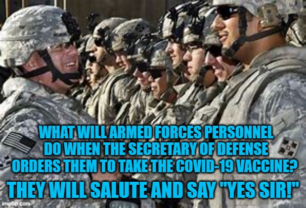 They follow orders, for the good of their unit.  It's called teamwork. | WHAT WILL ARMED FORCES PERSONNEL DO WHEN THE SECRETARY OF DEFENSE ORDERS THEM TO TAKE THE COVID-19 VACCINE? THEY WILL SALUTE AND SAY "YES SIR!" | image tagged in politics | made w/ Imgflip meme maker