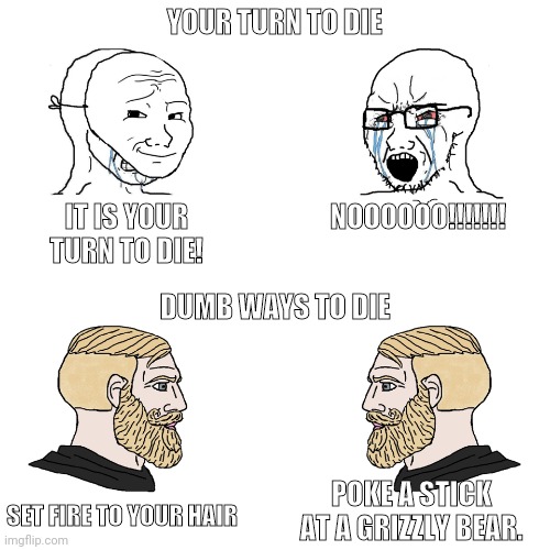 Crying Wojak / I Know Chad Meme | YOUR TURN TO DIE; IT IS YOUR TURN TO DIE! NOOOOOO!!!!!!! DUMB WAYS TO DIE; POKE A STICK AT A GRIZZLY BEAR. SET FIRE TO YOUR HAIR | image tagged in crying wojak / i know chad meme | made w/ Imgflip meme maker