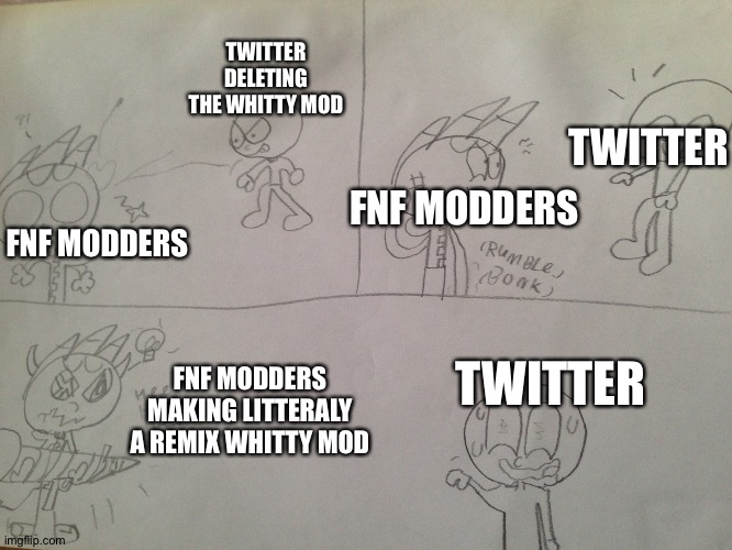 CANT DEFUSE THIS BOMB TWITTER | TWITTER DELETING THE WHITTY MOD; TWITTER; FNF MODDERS; FNF MODDERS; TWITTER; FNF MODDERS MAKING LITTERALY A REMIX WHITTY MOD | image tagged in unfair weaponary | made w/ Imgflip meme maker