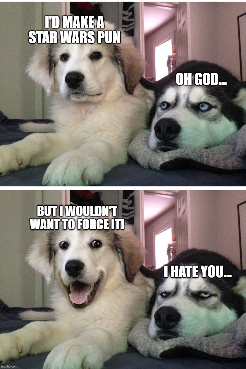 Bad pun dogs | I'D MAKE A STAR WARS PUN; OH GOD... BUT I WOULDN'T WANT TO FORCE IT! I HATE YOU... | image tagged in bad pun dogs | made w/ Imgflip meme maker
