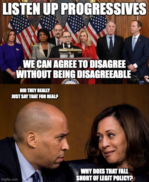 LISTEN UP PROGRESSIVES; WE CAN AGREE TO DISAGREE WITHOUT BEING DISAGREEABLE; DID THEY REALLY JUST SAY THAT FOR REAL? WHY DOES THAT FALL SHORT OF LEGIT POLICY? | image tagged in house democrats,corey booker and kamala harris | made w/ Imgflip meme maker
