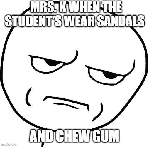 Meme face | MRS. K WHEN THE STUDENT'S WEAR SANDALS; AND CHEW GUM | image tagged in meme face | made w/ Imgflip meme maker