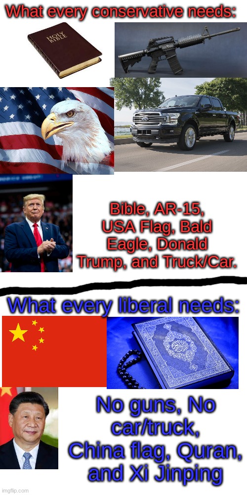 I'm Glad to be Christian, a Conservative, and a Real American. What about you guys. Do you agree with this? | What every conservative needs:; Bible, AR-15, USA Flag, Bald Eagle, Donald Trump, and Truck/Car. What every liberal needs:; No guns, No car/truck, China flag, Quran, and Xi Jinping | image tagged in memes,usa,conservatives,trump,true | made w/ Imgflip meme maker