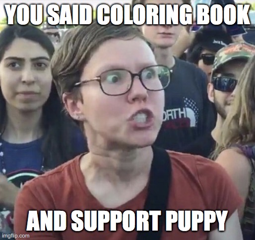 Triggered feminist | YOU SAID COLORING BOOK AND SUPPORT PUPPY | image tagged in triggered feminist | made w/ Imgflip meme maker