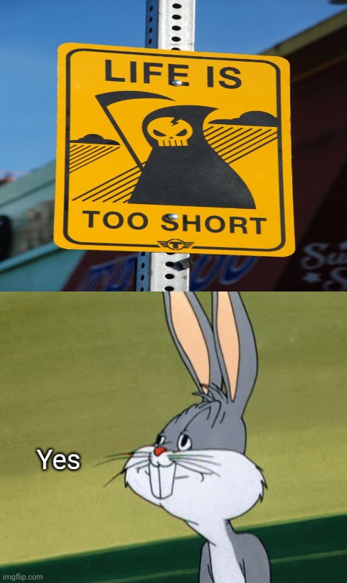 The sign: Life is too short. | image tagged in bugs bunny yes,dark humor,life,memes,meme,signs | made w/ Imgflip meme maker