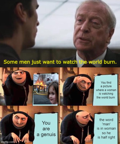 MWAHAHAHHAHAHAHA | You find a picture where a woman is watching the world burn; You are a genuis; the word 'man' is in woman so he is half right | image tagged in some men just want to watch the world burn,memes,gru's plan | made w/ Imgflip meme maker