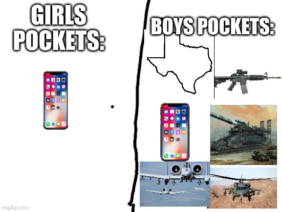 Boys vs girls pockers | BOYS POCKETS:; GIRLS POCKETS: | image tagged in blank white template,boys vs girls | made w/ Imgflip meme maker