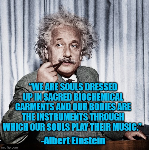 Einstein | “WE ARE SOULS DRESSED UP IN SACRED BIOCHEMICAL GARMENTS AND OUR BODIES ARE THE INSTRUMENTS THROUGH WHICH OUR SOULS PLAY THEIR MUSIC.”; -Albert Einstein | image tagged in music | made w/ Imgflip meme maker