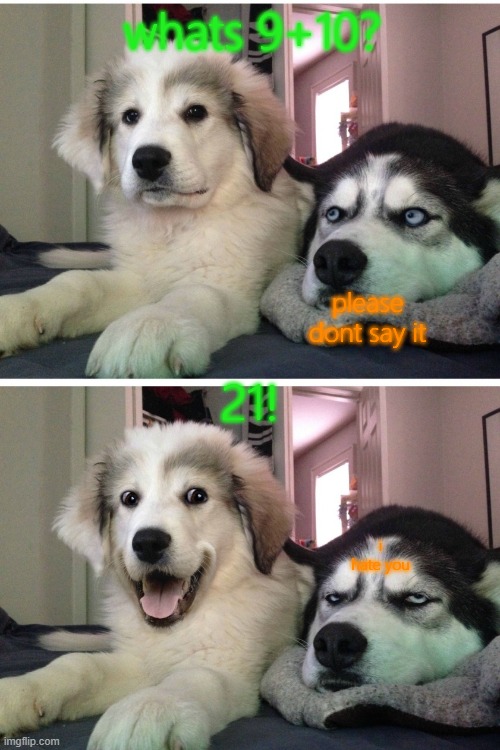 whats 9 plus 10 | whats 9+10? please dont say it; 21! i hate you | image tagged in bad pun dogs,21,9 plus ten | made w/ Imgflip meme maker