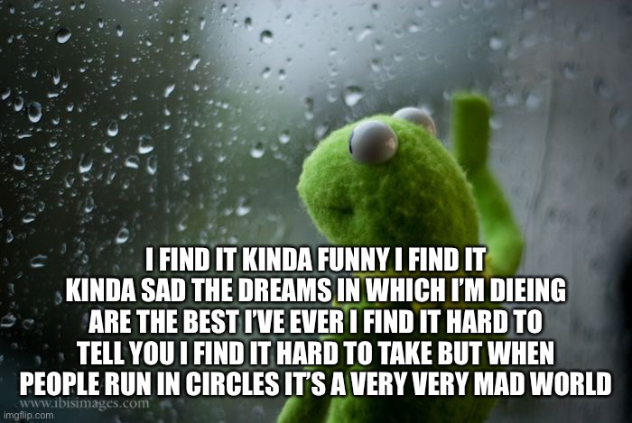 Depression | I FIND IT KINDA FUNNY I FIND IT KINDA SAD THE DREAMS IN WHICH I’M DIEING ARE THE BEST I’VE EVER I FIND IT HARD TO TELL YOU I FIND IT HARD TO TAKE BUT WHEN PEOPLE RUN IN CIRCLES IT’S A VERY VERY MAD WORLD | image tagged in kermit window | made w/ Imgflip meme maker